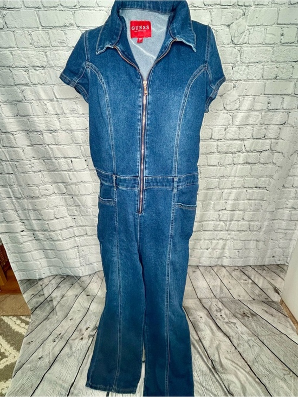 Guess Denim Jumpsuit Zip Front Short Sleeve Size XL